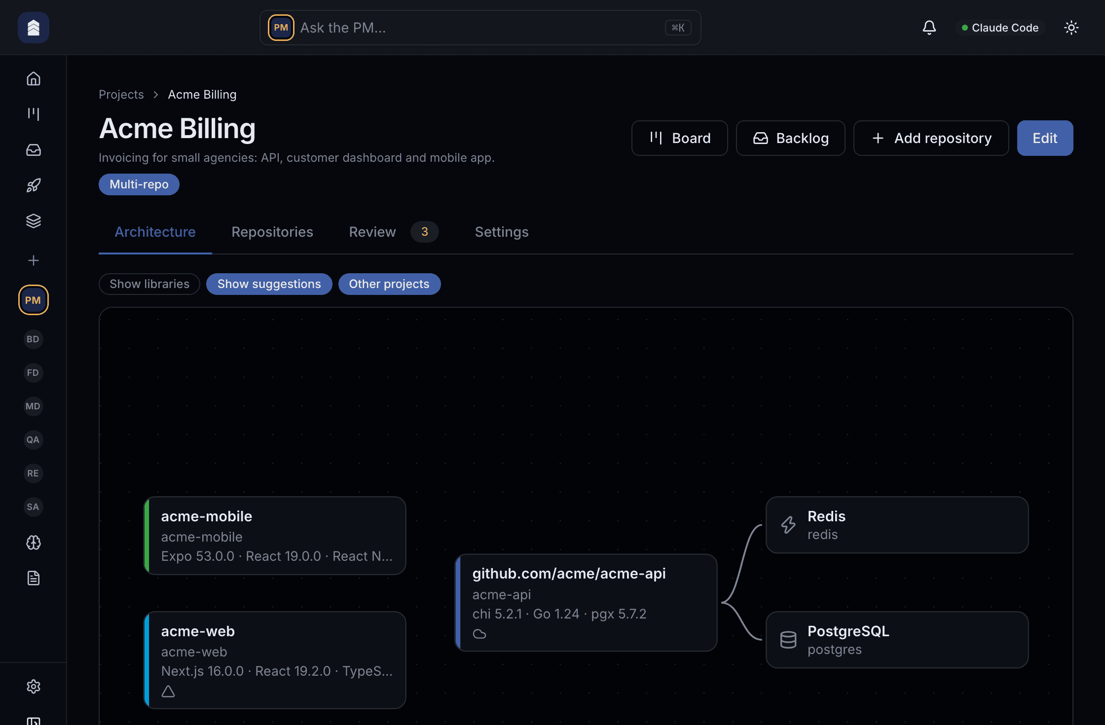 The Acme Billing project's architecture map in TaskTrooper: acme-mobile, acme-web and acme-api, with the Redis and PostgreSQL that acme-api uses.